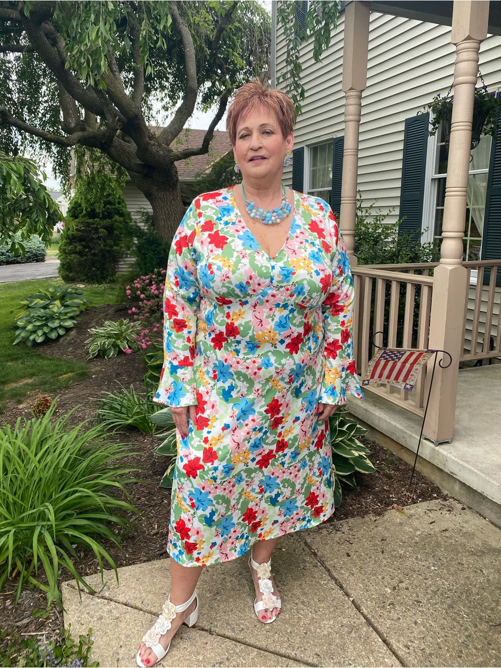 Women's Floral V-Neck Midi Dress in Multi